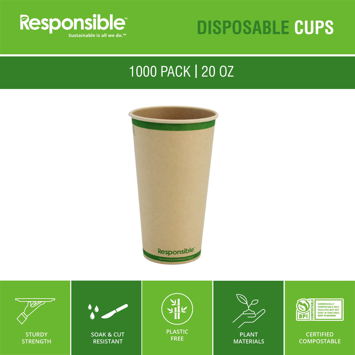 20 oz Paper Hot Cups by Responsible Products – 20 oz (1000 Count), 20.0 fluid_ounces, Paper, Natural Brown, Pack of 1000