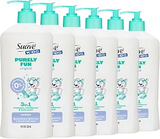 Suave Kids Purely Fun 3 in 1 Shampoo, Conditioner & Body Wash, Original Clean Scent, Hypoallergenic, Tear-Free Formula, Dermatologist Tested, 6 Count, 18 FL OZ