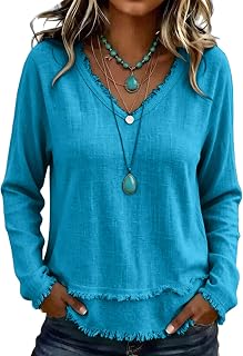 Women's Cotton-Linen Tops V Neck Vintage Solid Fringe Long Sleeve Shirt