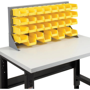 Louvered Bench Rack with (32) Yellow Premium Stacking Bins by Global Industrial – 15"L x 36"W x 20"H, Alloy Steel, Yellow, Model 550152YL