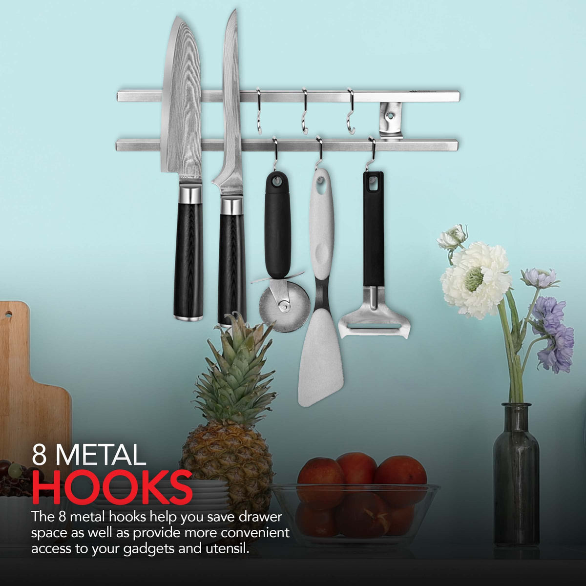 (12 Inch Stainless Steel Metal Magnetic Knife Holder by Modern Innovations – 12 Inch w/ Hooks, Stainless Steel, Silver, Model 1186