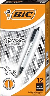 BIC Clic Stic Black Ballpoint Pens, Medium Point, 1.0mm, 12-Count