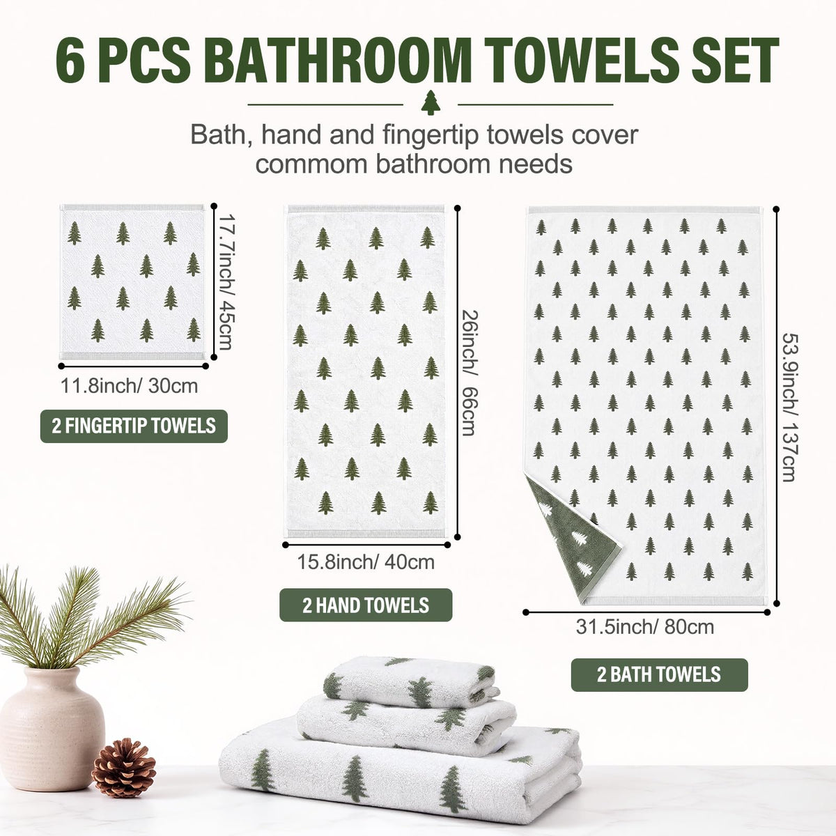 Peryiter Christmas Towel Set, Pine Tree Pattern, Green, 6 Pieces