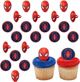 DecoPac Marvel's Spider-Man™ Spider and Mask Rings, Spider-Man Cupcake Decorations, Red and Blue Food Safe Cake Toppers – 24 Pack