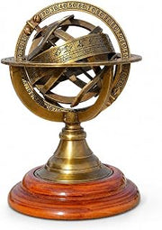 5" Nautical Brass Armillary Sphere with Rosewood Base, Celestial Zodiac Globe, Engraved Maritime Astrolabe, Vintage-Style Collectible for Office, Library & Study