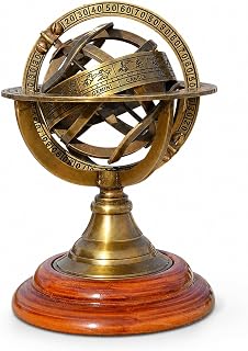 5" Nautical Brass Armillary Sphere with Rosewood Base, Celestial Zodiac Globe, Engraved Maritime Astrolabe, Vintage-Style Collectible for Office, Library & Study