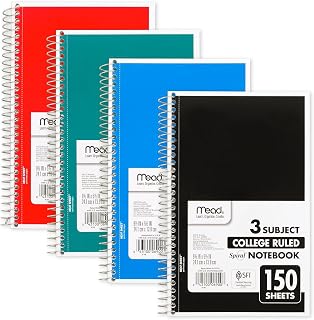 Mead 3-Subject Notebooks, 5.5" x 9.5", College Ruled, 150 Sheets, Assorted Colors, 12/Carton