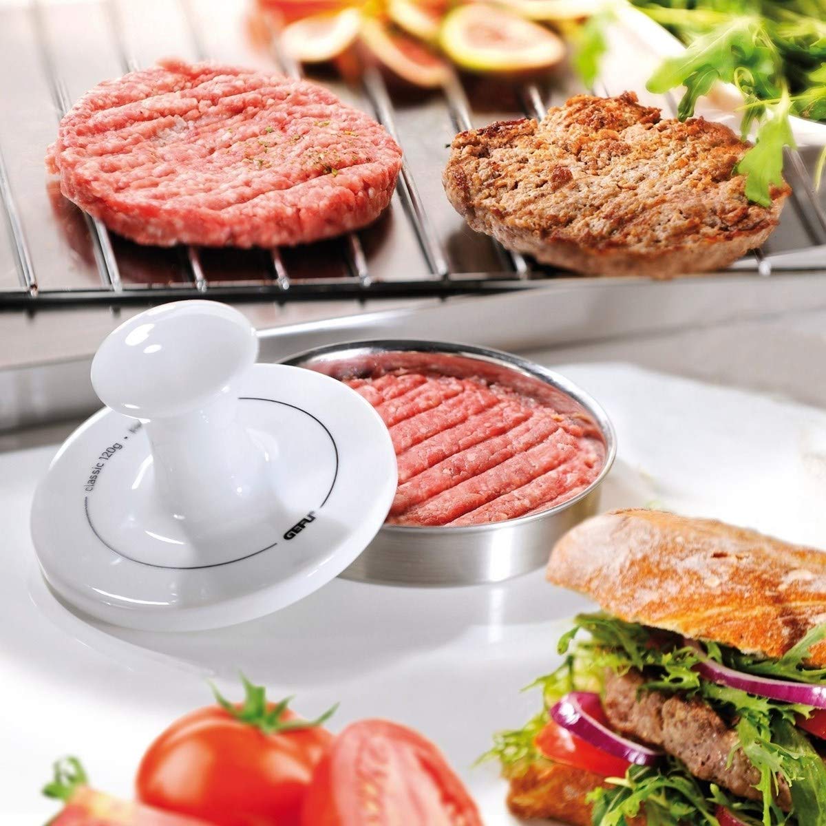 Hamburger Press by GEFU – 2-part, 120 grams, Stainless Steel, White, Model GF15410