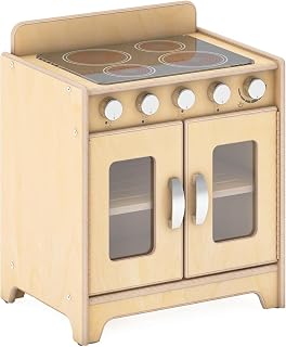 Guidecraft EdQ Play Kitchen Range for Toddlers - Natural: Wooden Montessori Kids' Kitchen Playset w/ 4 Burner Stove, Realistic Knobs, Oven, Cabinet | Dramatic Play Toy for Home, Playroom, Classroom