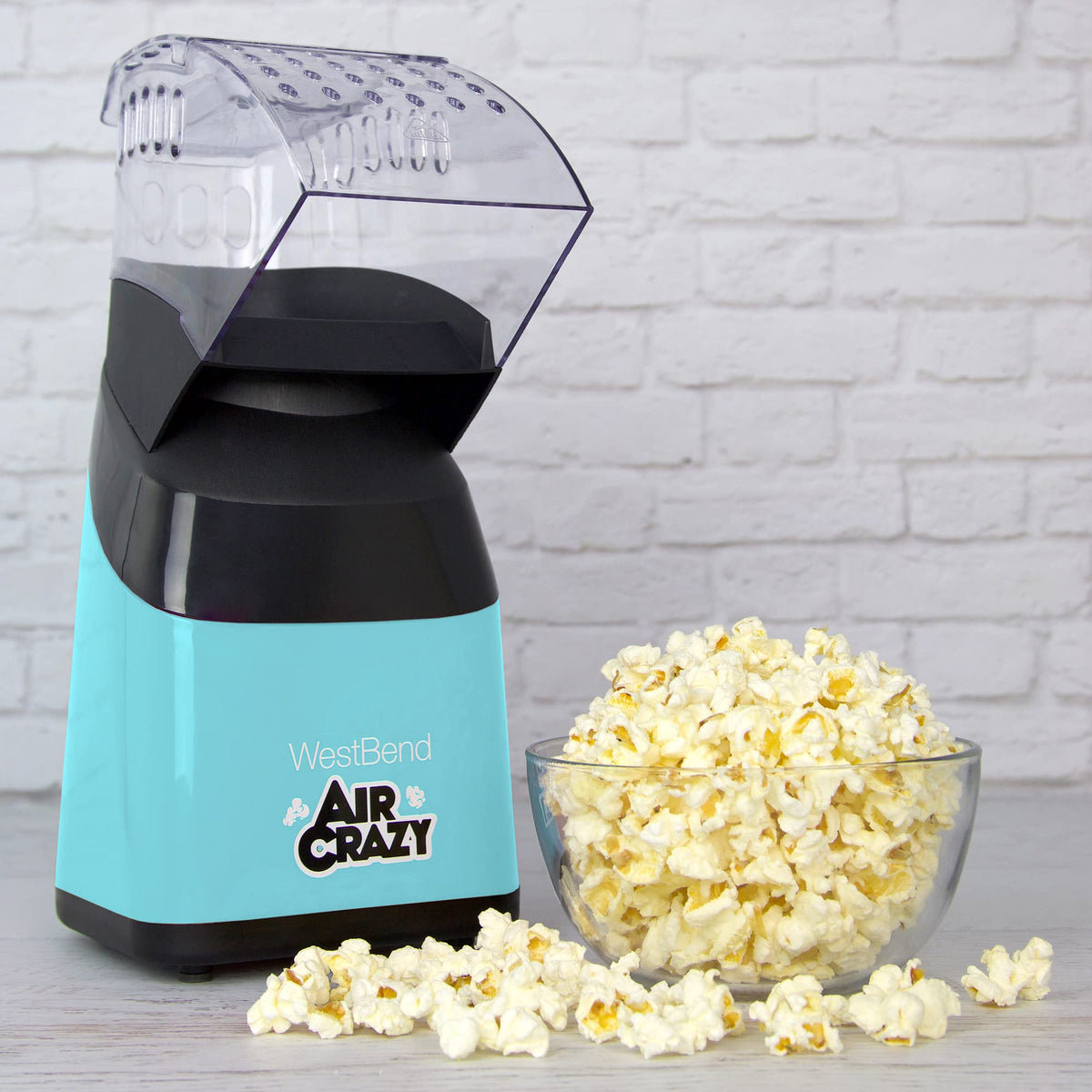 Air Crazy Popcorn Machine for Healthy Snacking with No Oil by West Bend – 4-Quart, 4 liters, Metal, Blue, Model PC8448BL13
