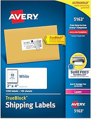 Avery Printable Shipping Labels, Sure Feed® Technology, 2" x 4" Customizable Stickers, White, 1,000 Blank Mailing Labels, Great for Mailing, Shipping, and More (5163)