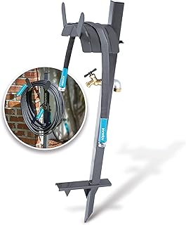 Aqua Joe SJ-SHSBB3LIH Garden Hose Stand with Brass Faucet and 3 ft Lead in Hose, Gray