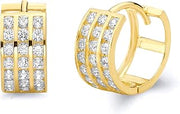 14k REAL Yellow Gold 5mm Thickness 3 Line CZ Channel Set Hoop Huggie Earrings (11 x 11 mm)