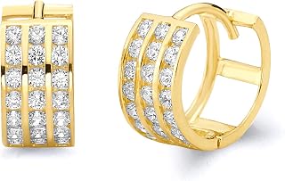 14k REAL Yellow Gold 5mm Thickness 3 Line CZ Channel Set Hoop Huggie Earrings (11 x 11 mm)