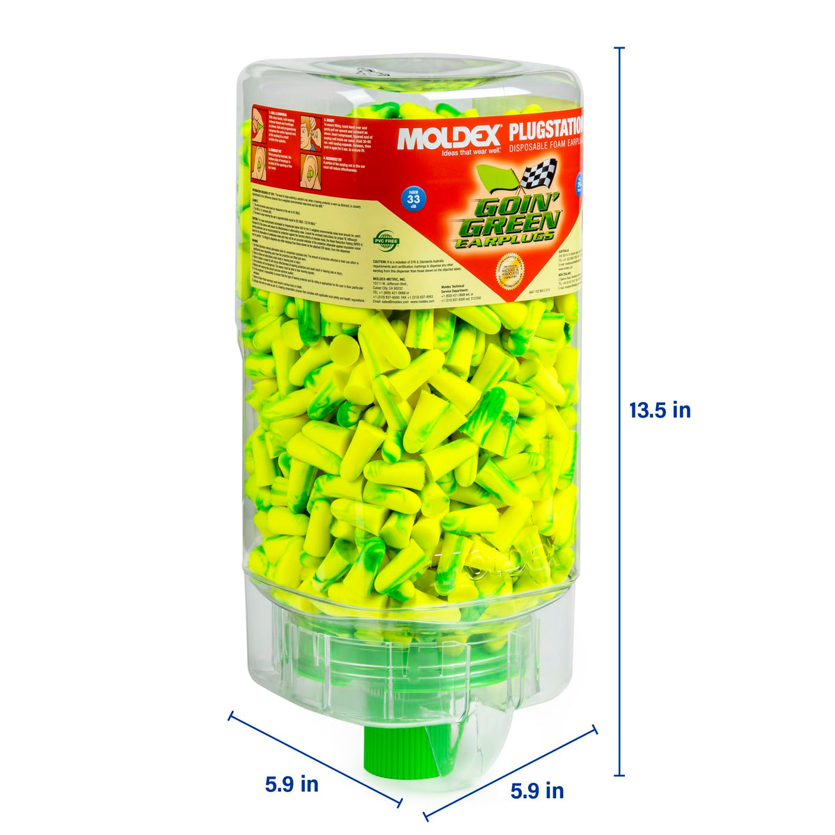 Moldex Goin' Green® PlugStation® Uncorded Disposable Foam Earplug Dispenser by Goin’ Green – Standard, Polyurethane Foam, Green, Pack of 500, Model 6647