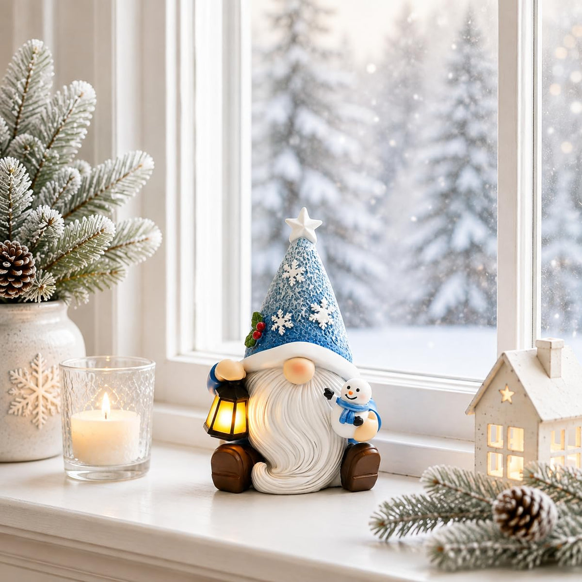 KnomeKo Lighted Christmas Gnome Figurine, Blue Snowman Lantern, 6 Inch