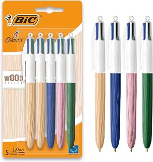 BIC 4 Colours Wood Effect Pens, Multi Coloured Pens All In One, Retractable Pens, Medium 1.0mm, Green, Blue, Red, Black, 5 Pens Per Pack, 1 Pack