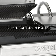 Panini Press with 17" x 9.25" Cooking Surface & Ribbed Plates by Waring – Large and Dual Cooking Surface Machines, Stainless Steel, Silver, Model WPG300
