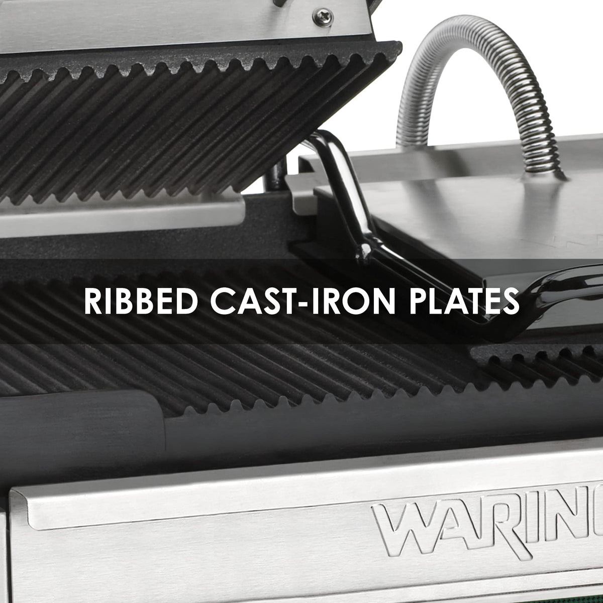Panini Press with 17" x 9.25" Cooking Surface & Ribbed Plates by Waring – Large and Dual Cooking Surface Machines, Stainless Steel, Silver, Model WPG300