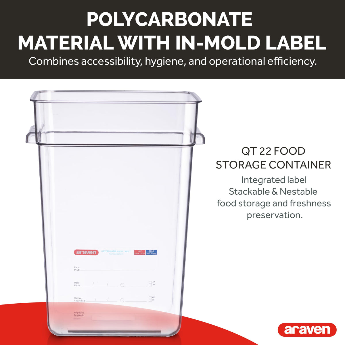 Polycarbonate Square Food Container by Araven – 4.09 cubic_feet, Polycarbonate (PC), Clear, Pack of 6, Model 91906