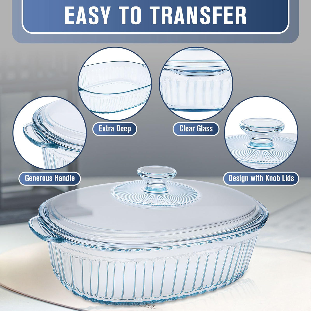 KAKO Glass Casserole Set, 1.9 and 3 Quart Oval Bakeware with Lids, Clear