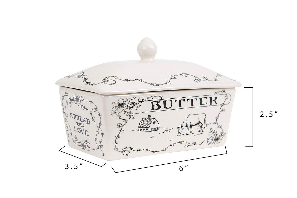 Creative Co-Op Stoneware Butter Dish, Spread The Love Farm Design, White And Black