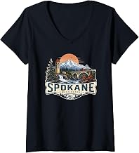 Women's Spokane Washington Scenic Pacific Northwest Adventure Design V-Neck T-Shirt