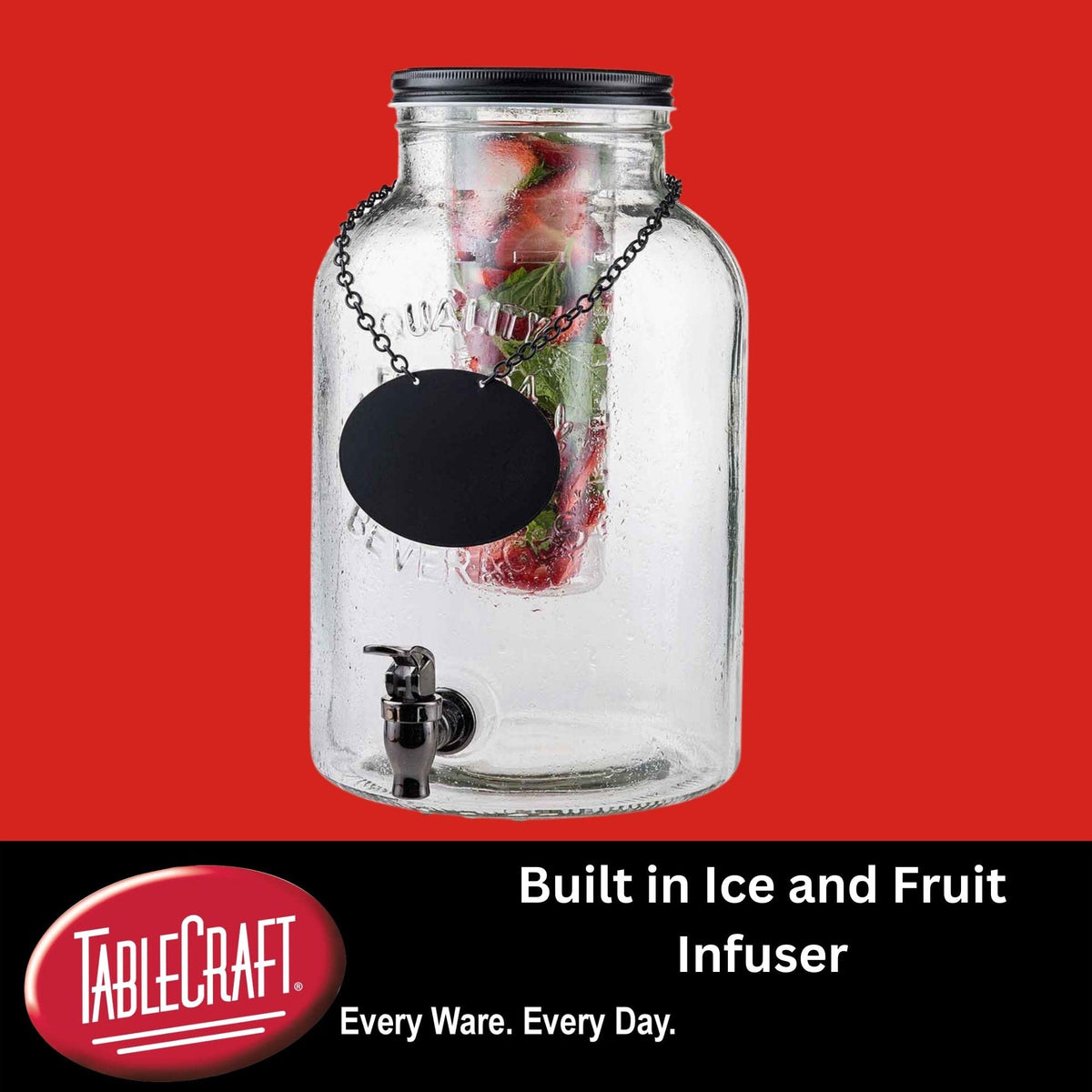 Industrial Collection Glass Beverage Dispenser by Tablecraft – 2.0 gallons, Wood, Clear, Model 10090