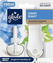 Glade PlugIns Refills Air Freshener Starter Kit, Clean Linen, Scented and Essential Oils for Home and Bathroom, 0.67 Fl Oz, 1 Warmer + 1 Refill