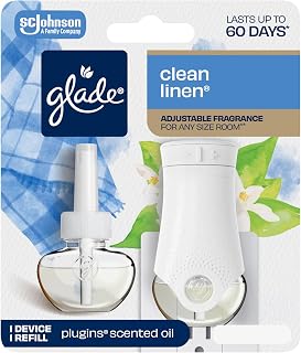 Glade PlugIns Refills Air Freshener Starter Kit, Clean Linen, Scented and Essential Oils for Home and Bathroom, 0.67 Fl Oz, 1 Warmer + 1 Refill