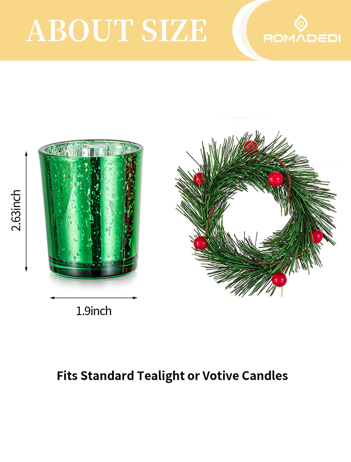 Romadedi Mercury Glass Votive Candle Holder with Wreath, Set of 6, Red Green Silver