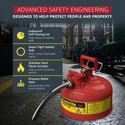 Type II Gasoline Safety Can by Justrite – 2 Gallon, 2.0 gallons, Alloy Steel, Gas, Model 7220120