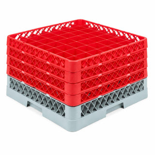 Warewashing 49-Compartment Glass Rack with 4 Red Extenders by Glownary – Plastic, Gray - Red, Model 274rk494