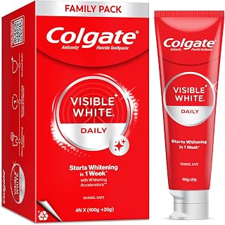 Colgate Visible White Toothpaste 480g (Combo Pack of 4 x 120g) Teeth Whitening Starts in 1 Week, Safe on Enamel, Stain Removal Tooth Paste and Minty Flavour for Fresh Breath