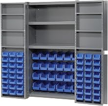 Global Industrial Deep Door Bin Cabinet, Includes 72 Blue Plastic Bins | Padlockable Steel Cabinet, 38"W x 24"D x 72"H, For Tool and Parts Storage, Assembly Required