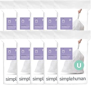 simplehuman Code U 200 Count Custom Fit Liners, Heavy-Duty Commercial Drawstring Trash Bags, One-by-One Mess-Free Dispense, Extra Thick & Double Seamed, 50% PCR Plastic, 80 Liter / 21 Gallon, White