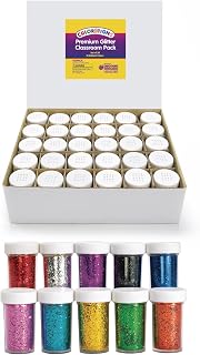 Colorations Glitter Jars Classroom Pack, Easy Dispensing Shaker Jars, 10 Colors, 3 of each color, Great for Arts & Crafts, Scrapbooking, Slime, Holiday Parties, Weddings,Non Toxic Glitter,3/4 oz jars