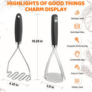 Qbily Potato Masher Set, Stainless Steel, Black, 2 Pieces
