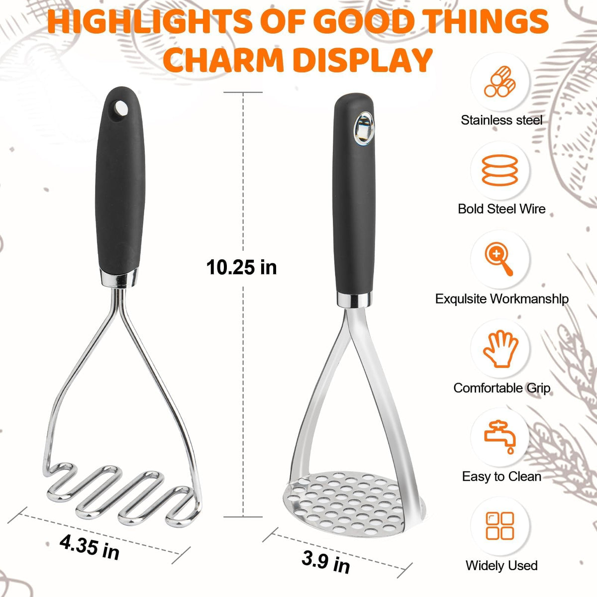 Qbily Potato Masher Set, Stainless Steel, Black, 2 Pieces