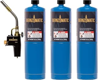 Bernzomatic Trigger Start Torch (TS 8000 Torch + 3 Propane Gas Cylinders) (8000 + 3 Pack Blue)