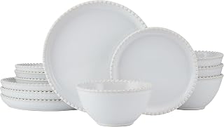 Pfaltzgraff Lumira Beaded White 12 Piece Dinnerware Plates Bowls Set for 4