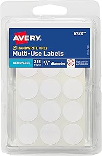 Avery Multi-Use Removable Labels, 3/4 Inch Round Stickers, White, Non-Printable, 315 Blank Labels Total (6738)