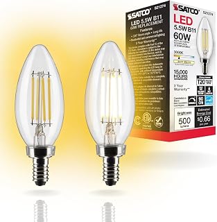 Satco S21274 5.5 Watt B11 LED; Clear; Candelabra Base; 90 CRI; 3000K; 120 Volt (2 Pack)