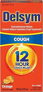 Delsym 12 Hour Cough Medicine for Adults, Powerful Relief for 12 Hours, Cough Suppressant Liquid with Extended-Release Dextromethorphan, Orange Flavor Liquid Cough Syrup, 5 Fl Oz (Pack of 1)