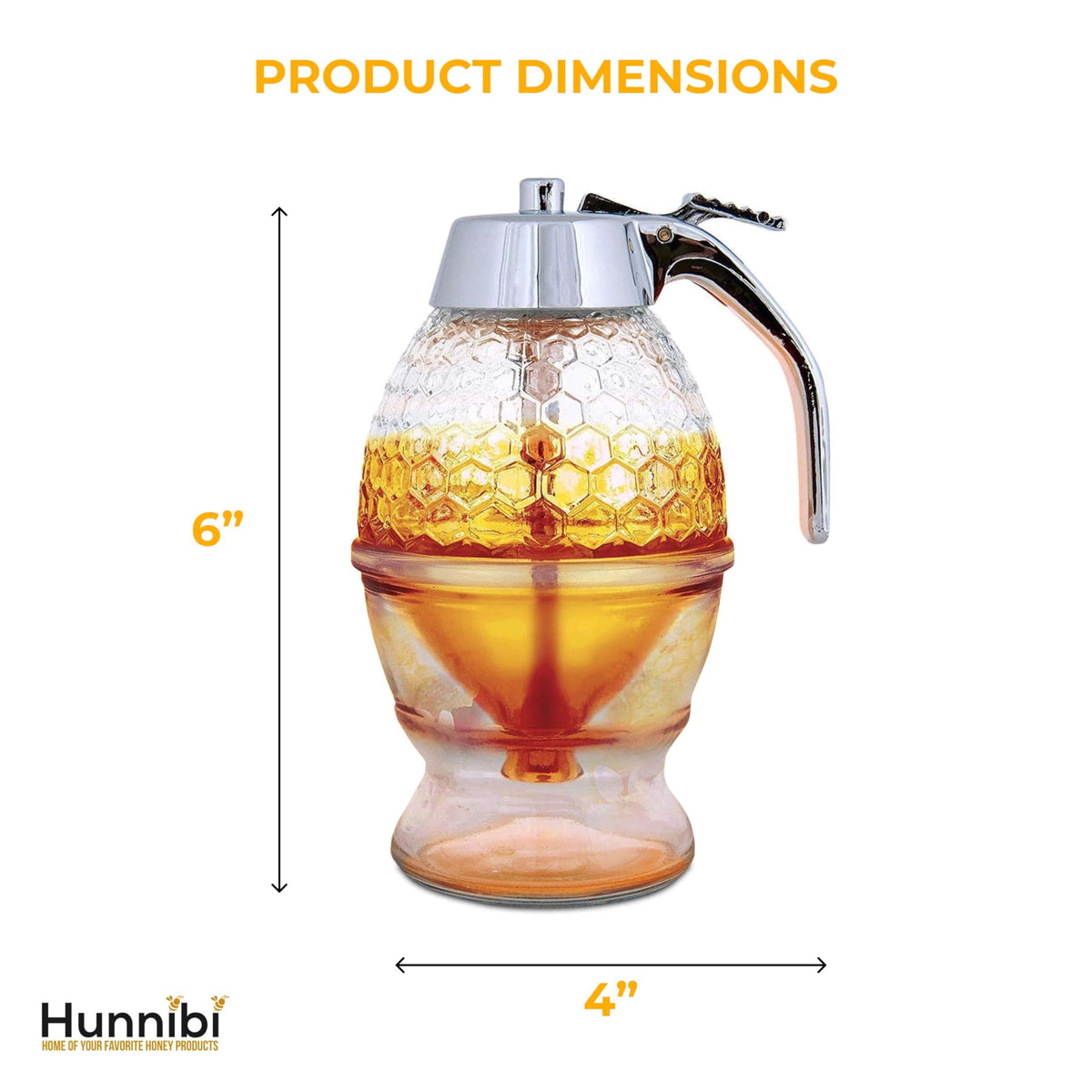 Hunnibi Honey Dispenser, 8 Oz Glass With Plastic Top, Honeycomb Design