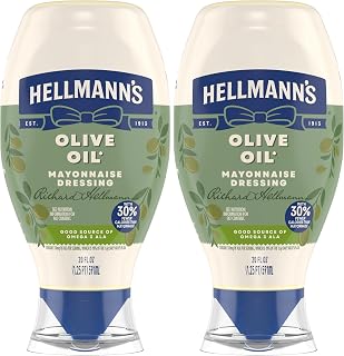 HELLMANN'S Mayonnaise Dressing with Olive Oil Squeeze Bottle Condiment for Simple Meals and Sandwiches Rich in Omega-3 ALA 20 oz (Pack of 2)