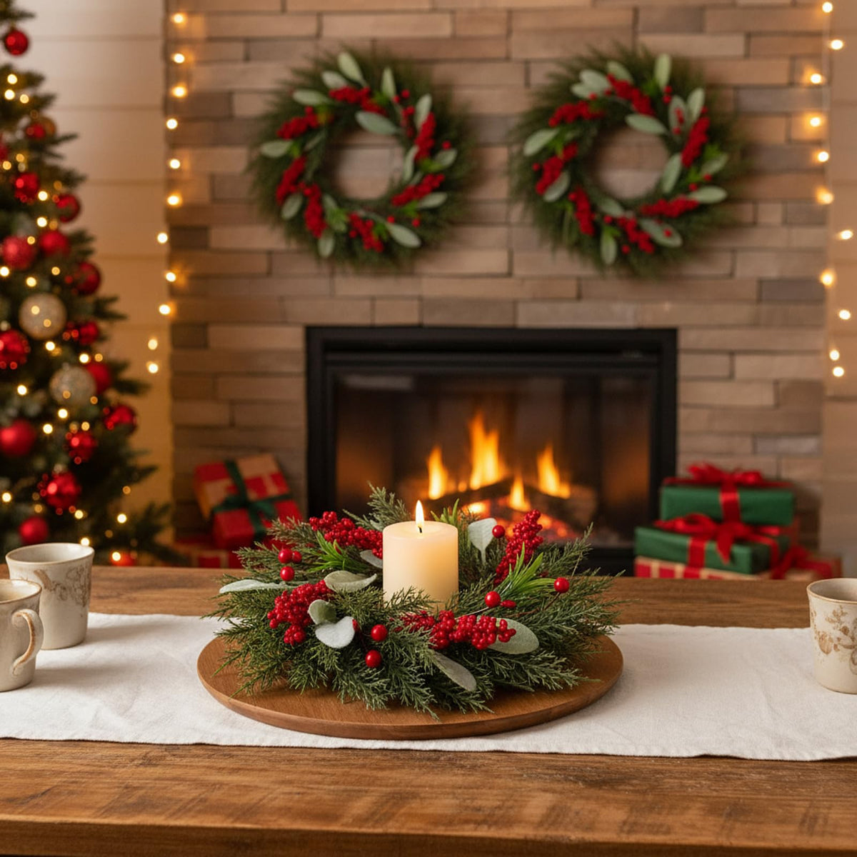 Suncalla Christmas Candle Ring Set, Pine Berry Design, 4 Pack