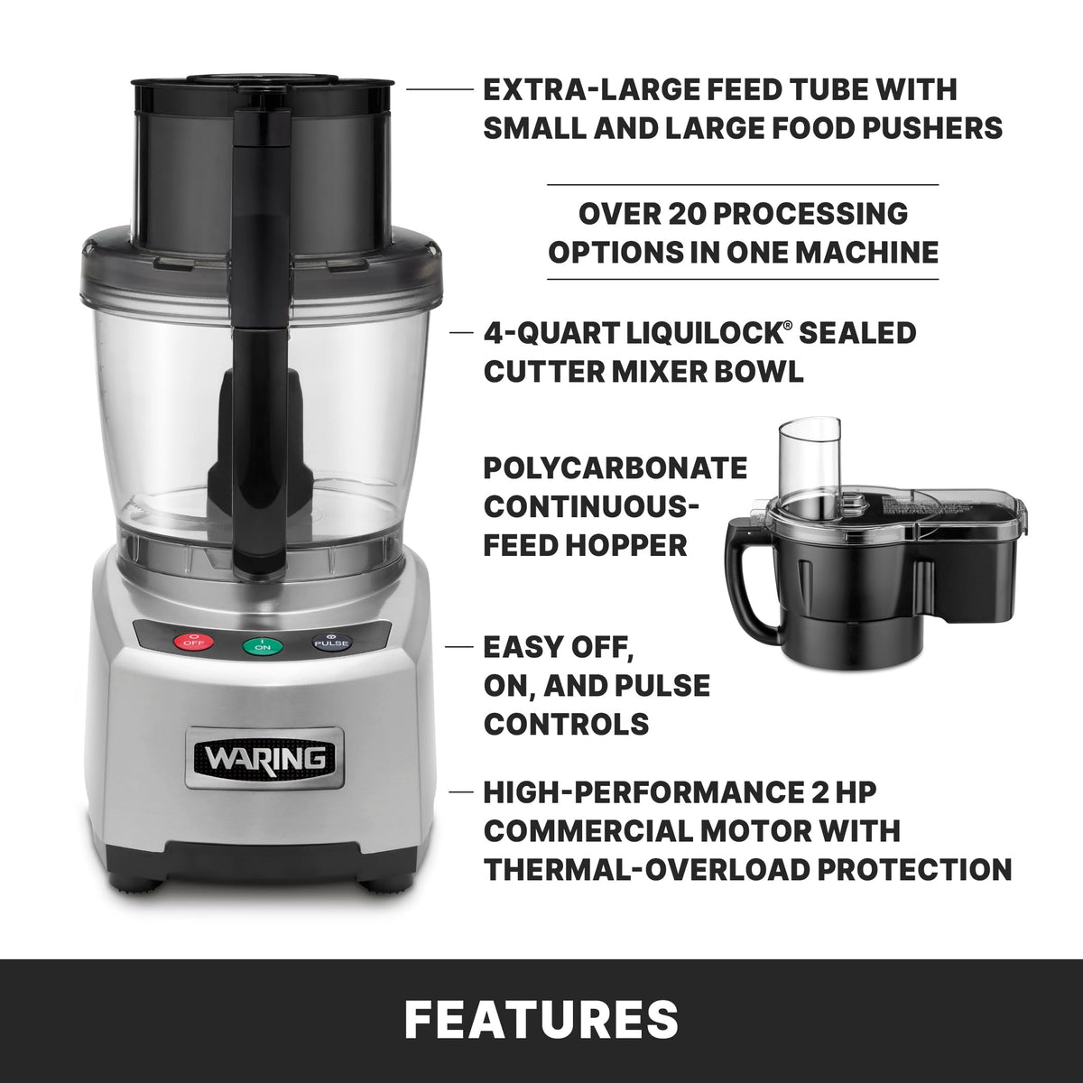 Food Processor with 4-Quart Capacity & Continuous-Feed by Waring – 4-Quart, Plastic, Black, Model WFP16SC