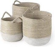 Mercana Maddie 13.8L x 13.8W x 15.0H Set of 3 Light Brown White Dipped Seagrass Round Basket with Handles by Mercana