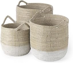 Mercana Maddie 13.8L x 13.8W x 15.0H Set of 3 Light Brown White Dipped Seagrass Round Basket with Handles by Mercana
